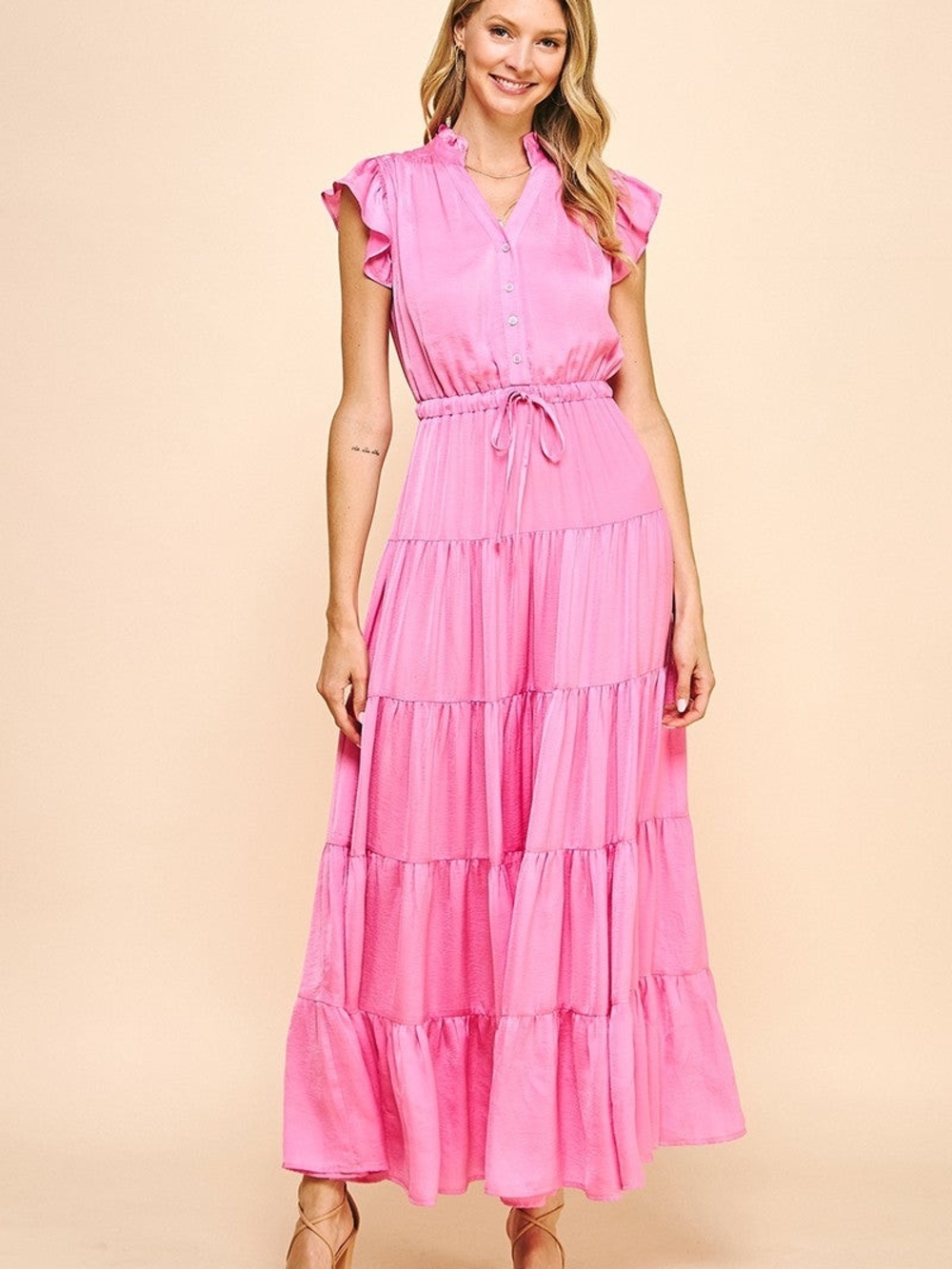 Pink Tiered Sateen Maxi Dress with Flutter Sleeves
